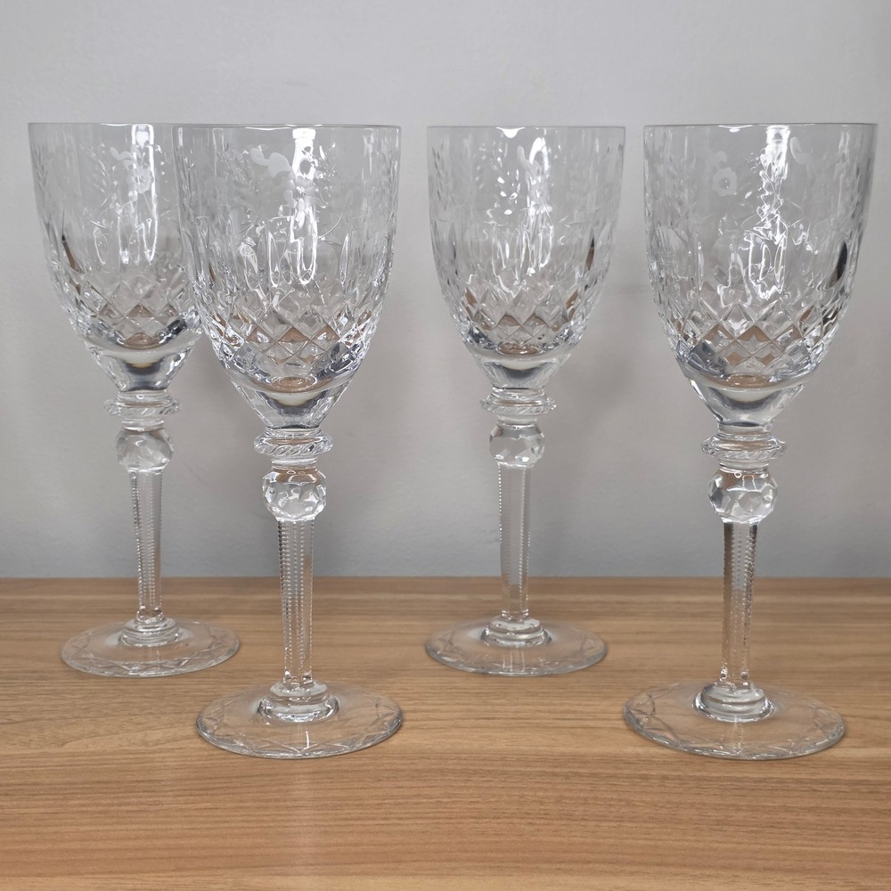 Rogaska Gallia Etched Cut Crystal Wine Glasses 7.75" Set of Four Discontinued